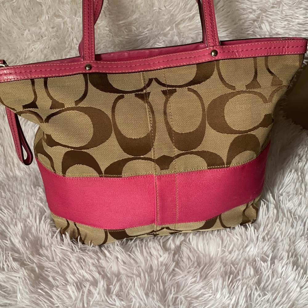Coach Signature Stripe Tote Khaki & Pink